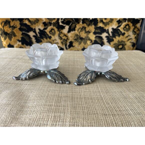 Vintage Lot Frosted Glass Rose Taper Candle Holders Signed PM Italy Silver Plate - Picture 1 of 8